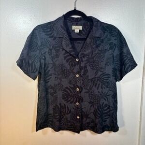 Tommy Bahama Silk Tropical Button Up Women Sz M Charcoal Grey Hawaiian Shirt